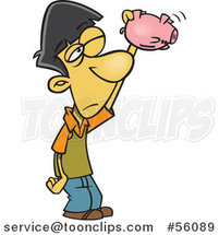 Cartoon Broke Asian Boy Shaking and Looking into an Empty Piggy Bank by Toonaday
