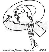 Cartoon Line Art of a Grouchy Bird Perched in Front of a Letter Q by Toonaday