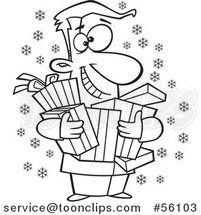 Cartoon Outline Festive Guy Holding Christmas Gifts by Toonaday