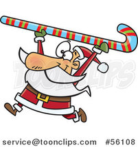 Cartoon Santa Clause Carrying a Giant Christmas Candy Cane over His Head by Toonaday