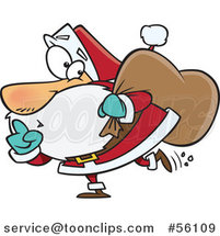 Cartoon Sneaky Santa Claus Gesturing Silence and Tip Toeing on Christmas Eve by Toonaday