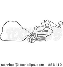 Cartoon Outline Struggling Santa Clause Pulling a Heavy Christmas Sack by Toonaday