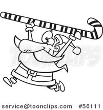 Cartoon Outline Santa Clause Carrying a Giant Christmas Candy Cane over His Head by Toonaday