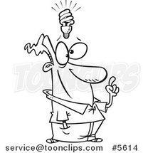 Cartoon Black and White Line Drawing of a Guy with a Halogen Light Idea by Toonaday