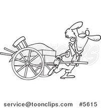 Cartoon Black and White Line Drawing of an Amish Guy Pulling a Hand Cart by Toonaday