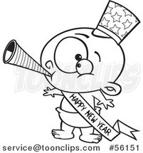 Outline Cartoon New Year Baby Blowing a Horn, Wearing a Top Hat and a Banner by Toonaday