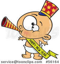 Cartoon White New Year Baby Blowing a Horn, Wearing a Top Hat and a Banner by Toonaday