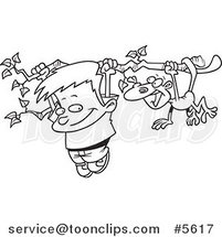 Cartoon Black and White Line Drawing of a Boy and a Monkey Hanging from a Tree Branch by Toonaday