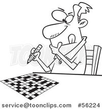 Cartoon Outline Focused Guy Working on a Crossword Puzzle by Toonaday