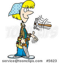 Cartoon Female Carpenter Holding a Saw and Tossing a Hammer by Toonaday