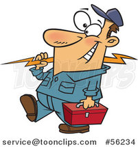 Cartoon White Electrician Walking with a Bolt and Tool Box by Toonaday