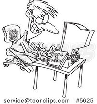 Cartoon Black and White Line Drawing of a Computer Hacking Guy by Toonaday
