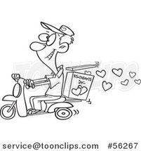 Outline Cartoon Young Valentine Hearts Delivery Guy on a Scooter by Toonaday