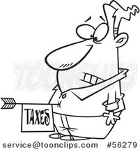 Outline Cartoon Disturbed Guy with a Taxes Arrow in His Belly by Toonaday