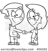 Outline Cartoon Boy and Girl Shaking Hands on a Deal or Friendship by Toonaday