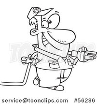 Outline Cartoon Electrician Walking with a Power Cord and Giving a Thumb up by Toonaday