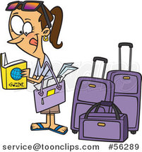 Cartoon Excited Traveling Brunette White Lady Reading a Guide by Luggage by Toonaday