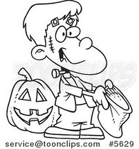 Cartoon Black and White Line Drawing of a Frankenstein Boy Trick or Treating by Toonaday