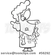 Cartoon Outline Forgetful Businesswoman with Sticky Notes All over Her Dress and Nose by Toonaday