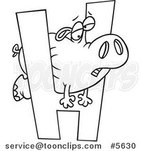 Cartoon Black and White Line Drawing of a Hippo Squeezing Through a Letter H by Toonaday