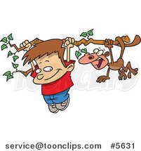 Cartoon Boy and a Monkey Hanging from a Tree Branch by Toonaday