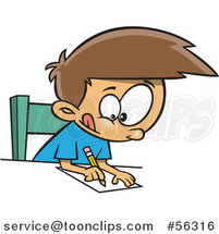 Cartoon Focused Brunette White Boy Writing at a Desk by Toonaday