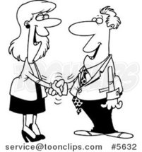 Cartoon Black and White Line Drawing of a Business Man and Lady Shaking Hands by Toonaday
