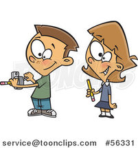 Cartoon White School Girl and Boy Taking Turns at a Pencil Sharpener by Toonaday