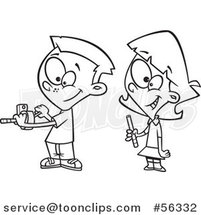 Cartoon Outline School Girl and Boy Taking Turns at a Pencil Sharpener by Toonaday