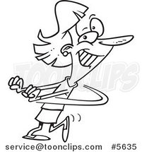 Cartoon Black and White Line Drawing of a Businesswoman Doing a Happy Dance by Toonaday
