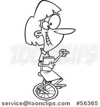 Cartoon Outline Female Teacher Riding a Unicycle, Holding Books and Chalk by Toonaday