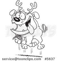 Cartoon Black and White Line Drawing of Christmas Bulldog Wearing Antlers by Toonaday