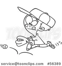 Cartoon Outline Boy Chasing a Bouncing Baseball by Toonaday