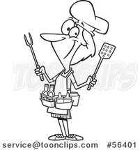 Cartoon Outline Barbeque Queen Lady with Utensils and Condiments by Toonaday