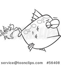 Cartoon Outline Unamused Big Fish Looking Back at an Optimistic Fish Trying to Attack by Toonaday