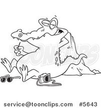 Cartoon Black and White Line Drawing of a Gator Picking His Teeth After Eating a Tourist by Toonaday