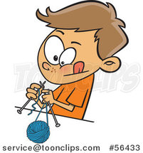 Cartoon Brunette White Boy Knitting with a Ball of Yarn and Needles by Toonaday