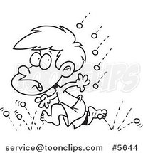 Cartoon Black and White Line Drawing of a Little Boy Running from Hail by Toonaday