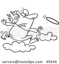 Cartoon Black and White Line Drawing of a Angel Chasing His Halo by Toonaday