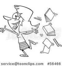 Outline Cartoon Excited Female Teacher Running Gleefully and Throwing up Books by Toonaday