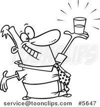 Cartoon Black and White Line Drawing of a Business Man Holding a Glass Half Full by Toonaday