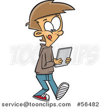 Cartoon White Boy Walking and Using a Tablet Computer by Toonaday