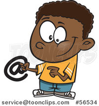 Cartoon Black Boy Holding an Email Arobase at Symbol by Toonaday