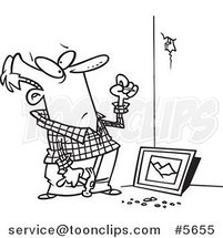 Cartoon Black and White Line Drawing of a Guy Trying to Hang a Picture on a Wall by Toonaday
