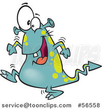 Cartoon Green and Turquoise Spotted Monster Dancing by Toonaday