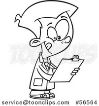 Cartoon Outline Boy Wearing a Lab Coat and Writing on a Clipboard by Toonaday