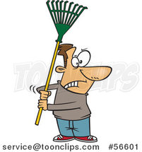 Cartoon Brunette White Guy Ready to Fight with a Rake by Toonaday