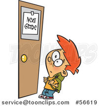 Cartoon Red Haired White School Boy Looking up at a Next Grade Door by Toonaday