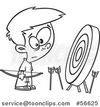 Cartoon Outline Archery Boy with Many Missed Arrows Around a Target by Toonaday