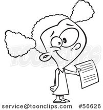 Cartoon Outline Black School Girl Holding out an Assignment by Toonaday